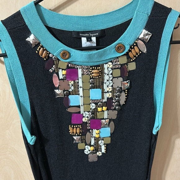 Nanette Lepore Women’s Black & Turquoise Beaded Knit Bodycon Dress Artsy Boho S - Picture 2 of 8